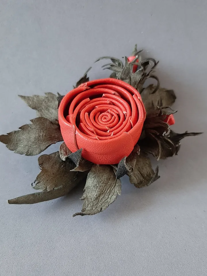 Red rose leather brooch 3rd anniversary gift for wife, Leather women's jewelry