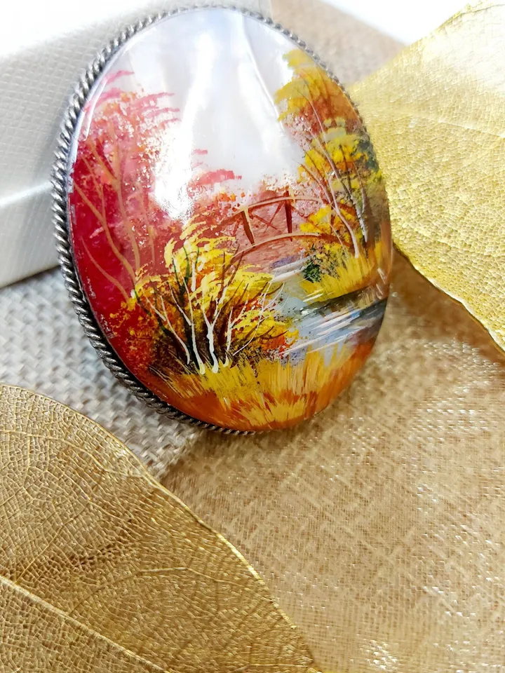 Brooches for women: Fall season in enchanted forest on pearl brooch • Red and orange handmade seashell pin • Dainty bright brooch for dress