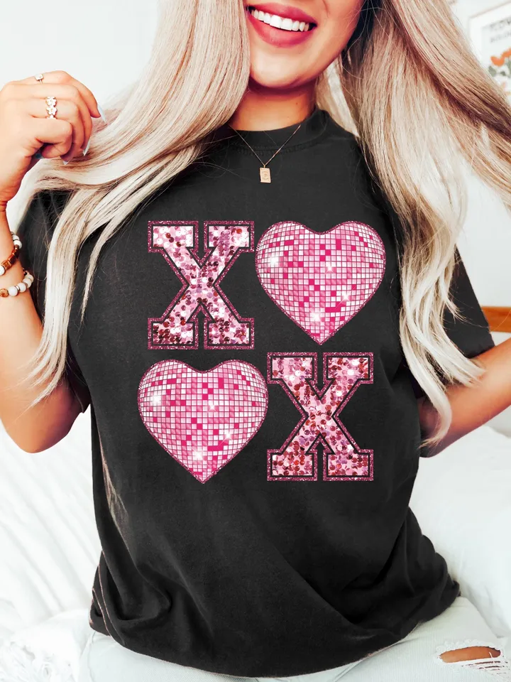 XOXO Faux Sequin PNG Disco Ball Valentine, Valentines Day Png, love png, Retro Valentines Png, Trendy Valentines Png, valentine shirt png