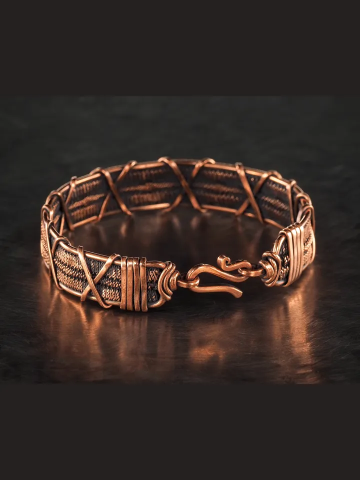 Wire wrapped bracelet, Unique 7th 22nd Anniversary gift idea, Art Nouveau antique style, One of kind braided statement bangle, Handmade oxidized pure copper jewelry, Pain relief, EMF protection