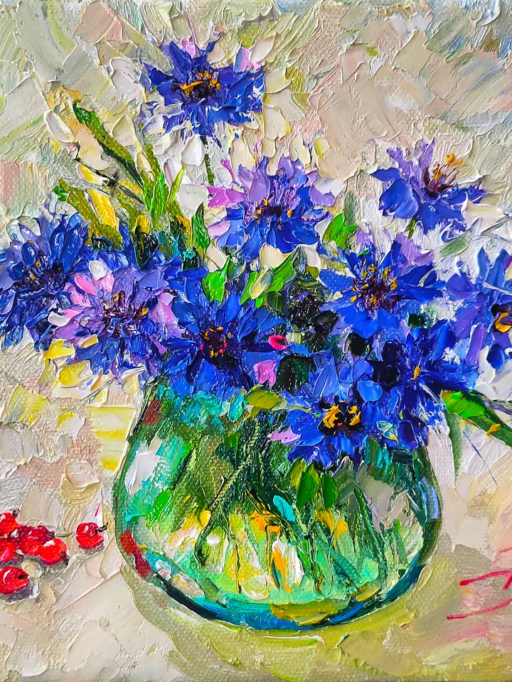 Flowers Bouquet Cornflowers Oil Painting on Canvas on a stretcher 8 by 8 inches Original Work Palette knife by Nata_Lena_Art