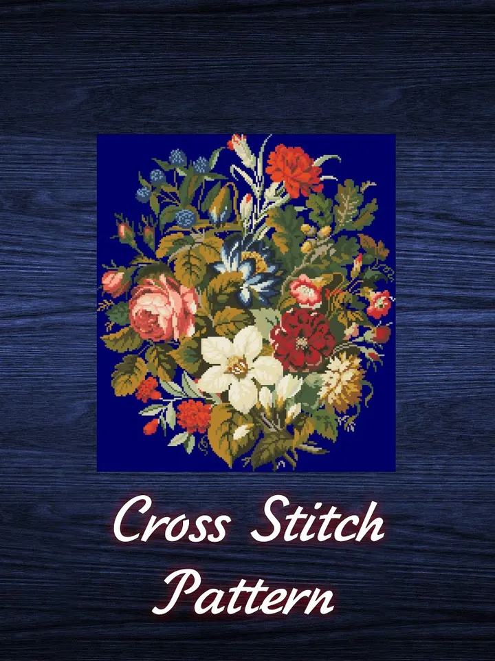 Antique Cross Stitch Pattern Bouquet of Garden Flowers Counted Digital Download PDF