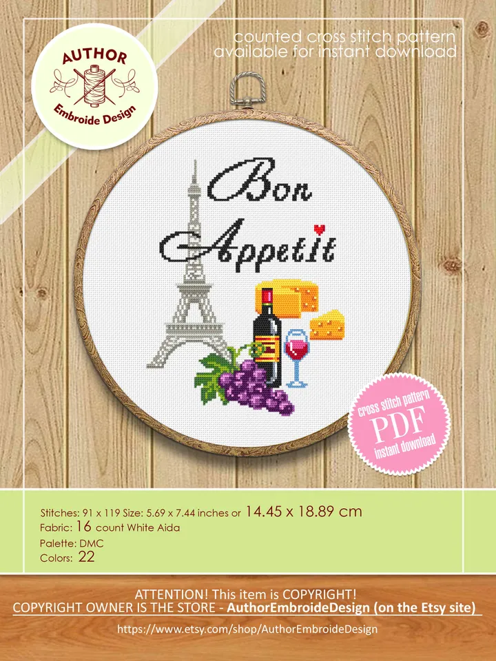 Paris kitchen cross stitch pattern download PDF, Food cross stitch chart, Quote cross stitch Bon Appetit, Eiffel Tower hand embroidery #F6