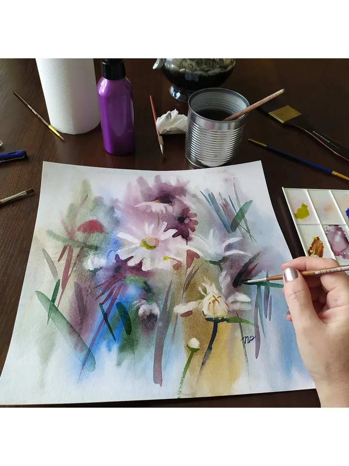 Daisy Painting Floral original art 12 by 12 White Flower watercolor square wall art aquarelle by Natalia Plotnikova