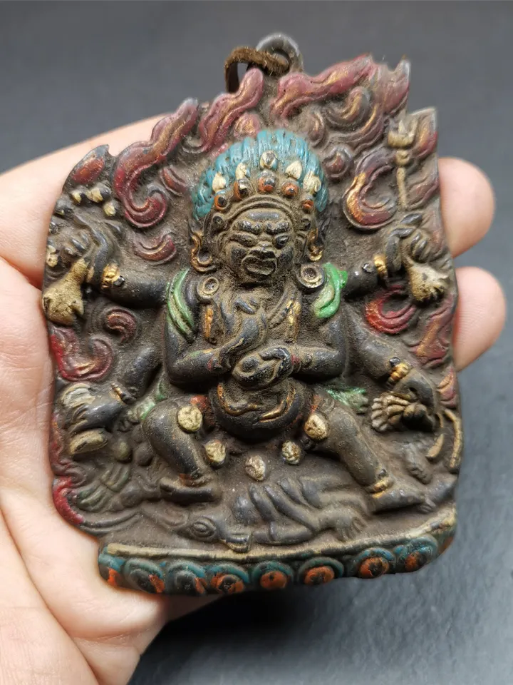 Gandhanra Antique Tibetan Buddha Statue,Mahakala Amulet Badge, Buddhist Protector Deity, Made of Thokcha