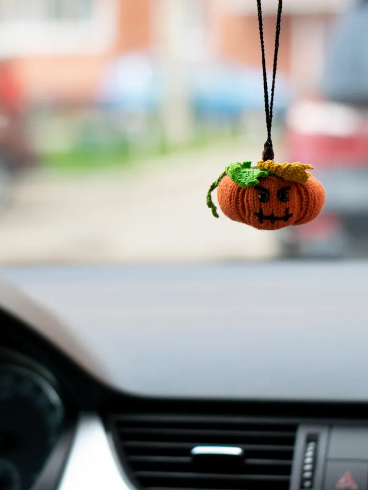 Stuffed pumpkin car accessory for women for Halloween, car boho decoration, rear view mirror charm, crochet car pendant