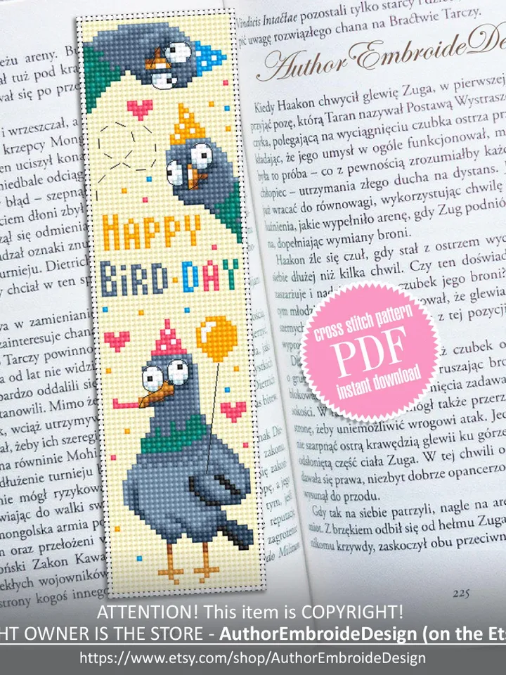 Birthday bookmark cross stitch pattern PDF download Pigeon cross stitch chart, Bookmark pattern digital PDF for beginners, Funny birds #B459