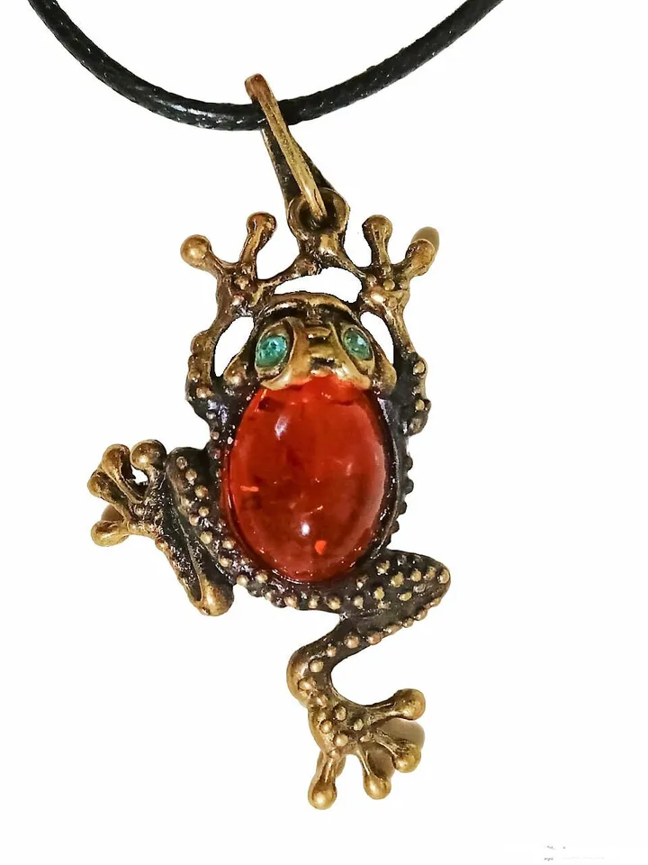 Frog Animal Necklace Gold Brass with Amber pendant Nature lovers gift for friend woman children funny jewelry