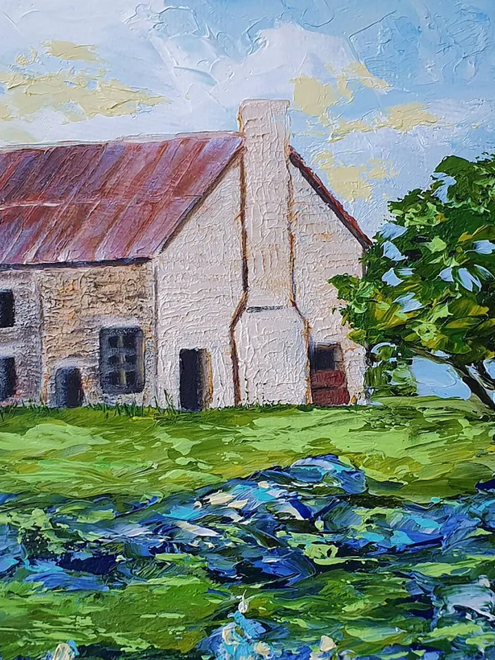 Bluebonnet Painting Farm Original Art Landscape Artwork Impasto Oil Painting