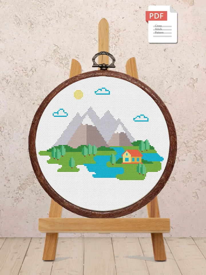 Mountain Landscape Cross Stitch Pattern, Island Cross Stitch, Embroidery Travel, Travel Cross Stitch Pattern, Modern Cross Stitch #trl005
