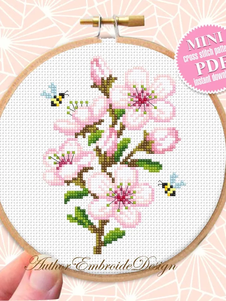 Small cherry blossom cross stitch pattern PDF download Sakura flower cross stitch chart, Spring mini pattern digital PDF for beginner #P55