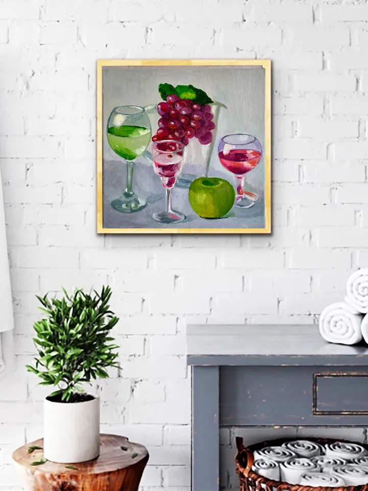 Wine Glass Painting, Original Oil Painting on Canvas, Fruit Still Life Painting