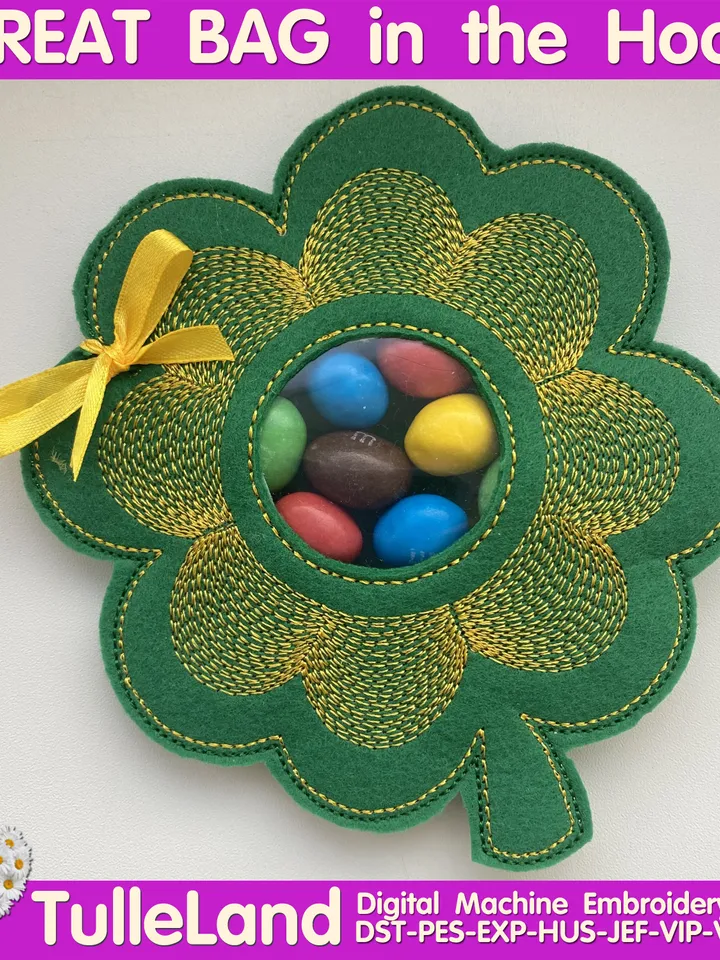 In The Hoop Machine Embroidery design ITH Peekabo Bag Clover St. Patrick LeprechaunTreat Bag ITH Pattern.