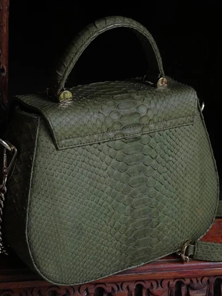 Genuine python top handle bag / designer bag / exotic leather bag / khaki purse exotic leather / snake  print designer classy purse