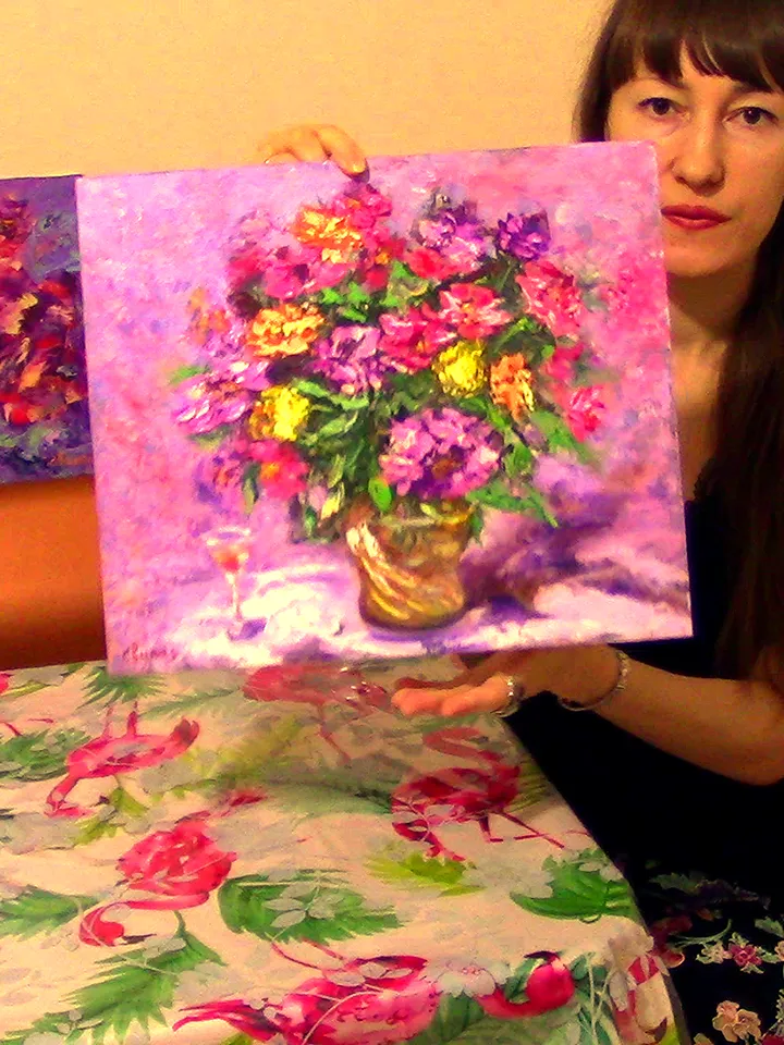Bright Flowers Wine Oil Painting Original Impasto Artist Svinar Oksana