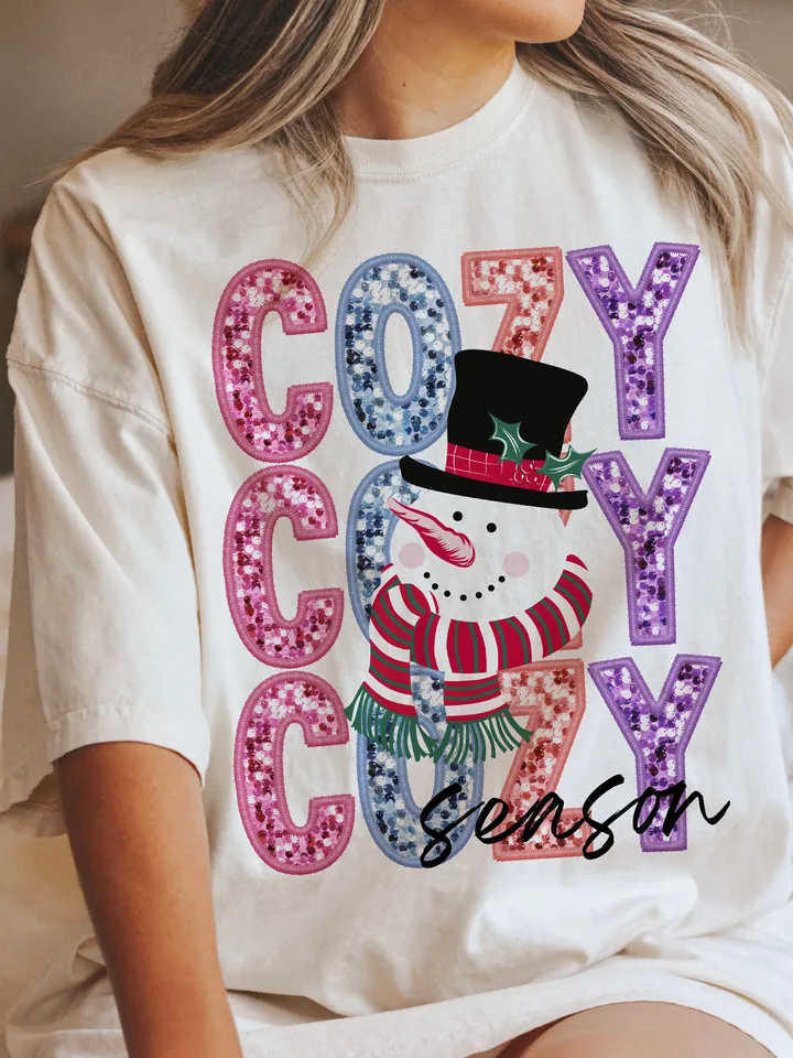 Cozy Season, Faux Embroidery, Sequin, Glitter, Christmas PNG, Christmas Design, Snowman | PNG Sublimation Design Digital Download, Trendy