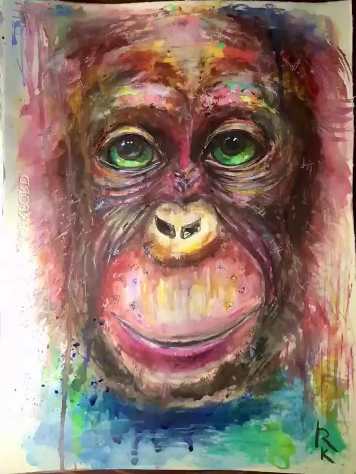 Funny Monkey original painting,watercolour mix media fantasy painting ,chimpanzee painting,animals original artwork,monkey wall art