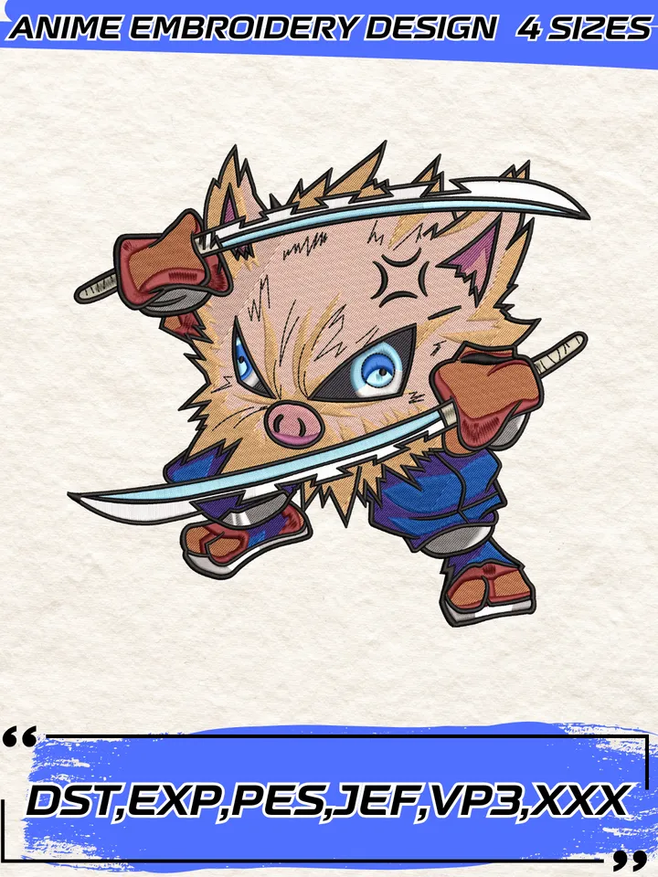 Inosuke X Entei Embroidery Designs File,Demon Slayer Machine Embroidery Pattern,4 Sizes, Digital Download