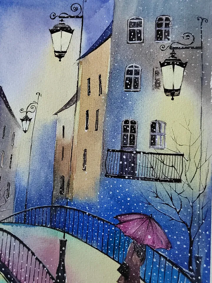 Winter Night Artwork Original Watercolor Painting Snowfall in Old Town 11.81x15.74 in by Art Café