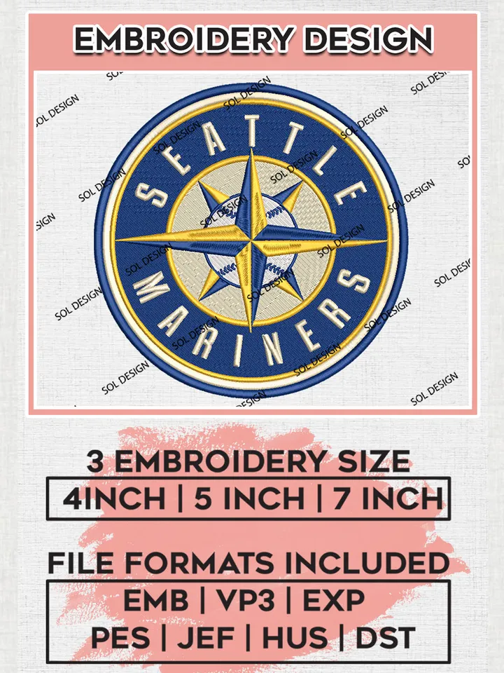 Seattle Mariners Round Logo Embroidery Design Files, MLB Seattle Mariners Team Embroidery, MLB Teams, 3 sizes, MLB Machine embroidery designs, Digital Download