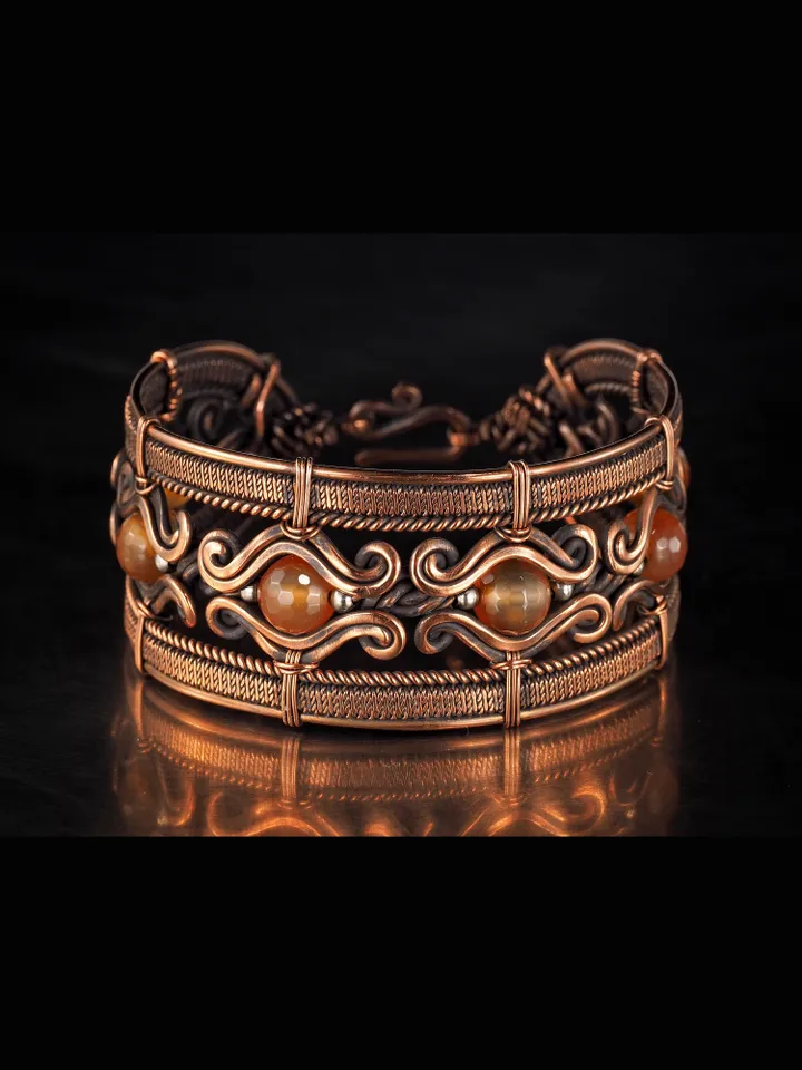 Cornelian wire wrapped copper bracelet 7th Anniversary gift