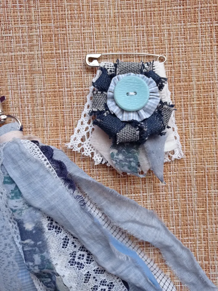 Blue brooch and keychain made of ribbons and boho fabric set