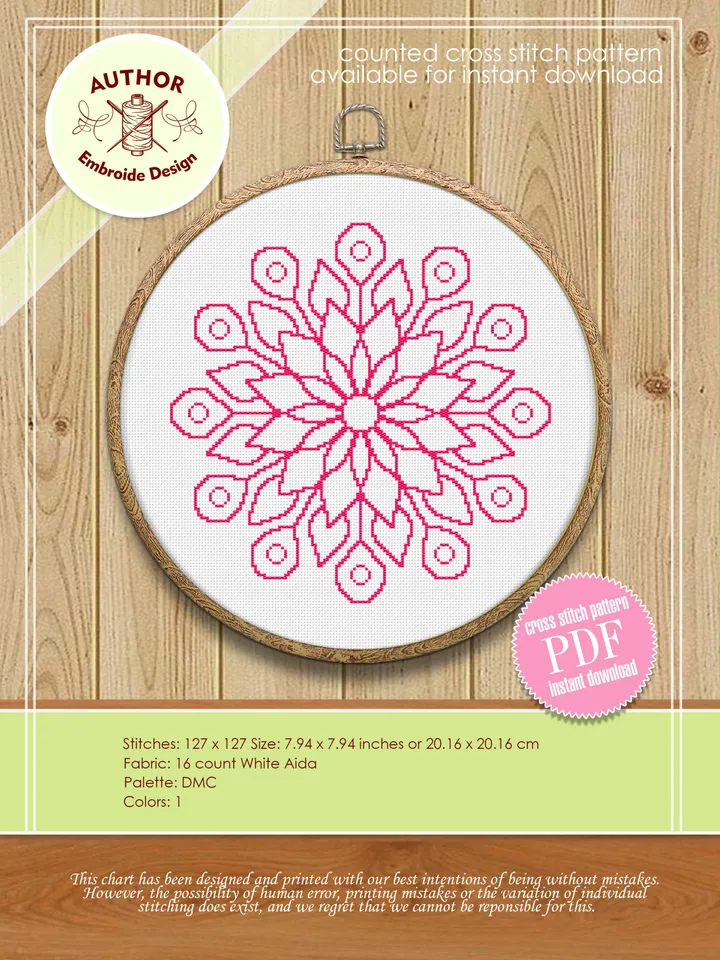 Easy mandala cross stitch pattern download PDf, Monochrome floral ornament cross stitch chart, Quick beginner stitch, DIY Home decor #M22