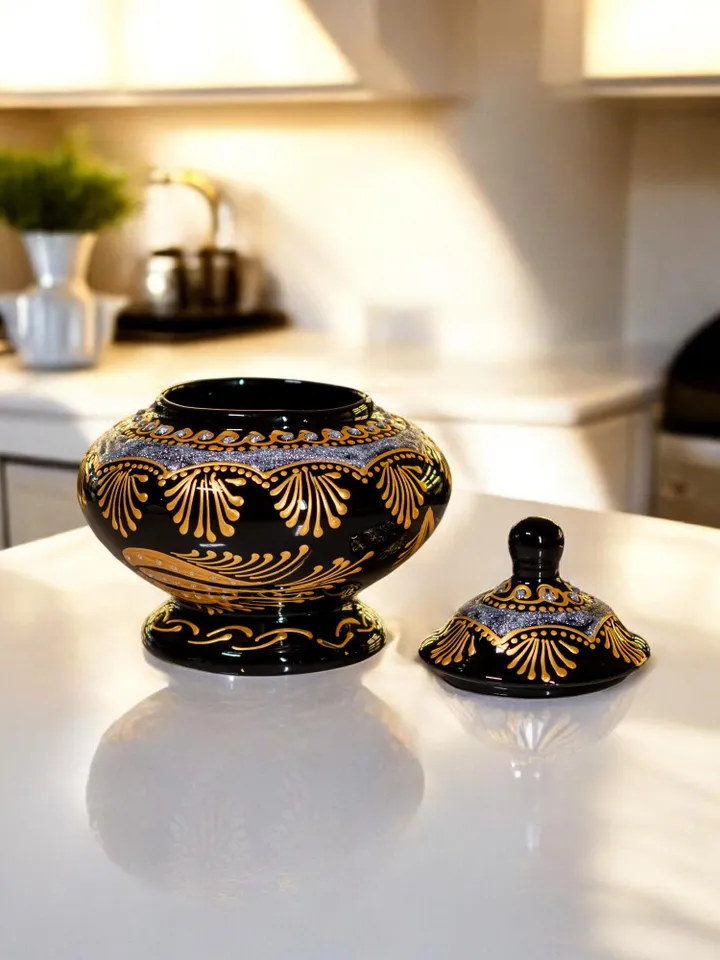 Hand-Painted Gold Accent Sugar Bowl with Lid