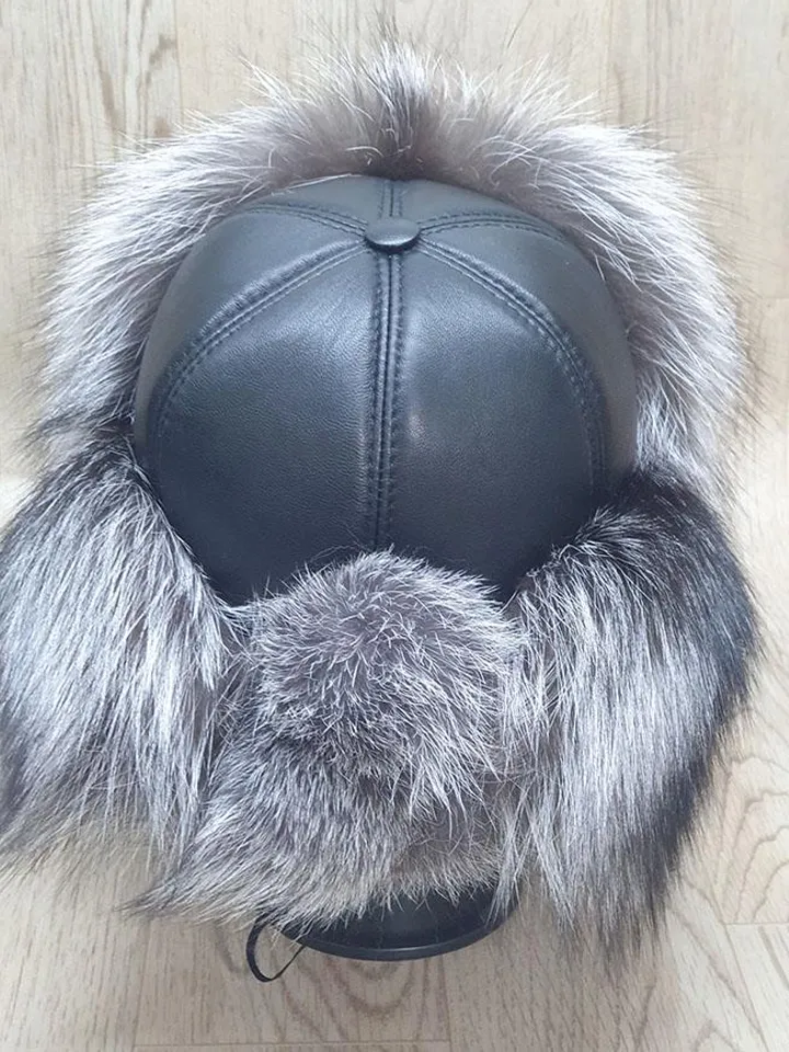 Women's Silver Fox Hat. Fur hat for Winter. Top of the hat is genuine leather. Hat with a pompom. Model Zimushka, Warm, Comfortable, Fashion