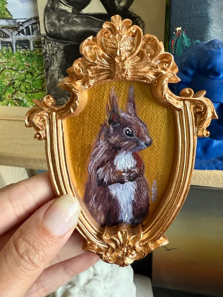 Framed Squirrel Oil Painting Original Wild Animals Art Cute North Squirrel Painting Gold Frame Victorian Painting