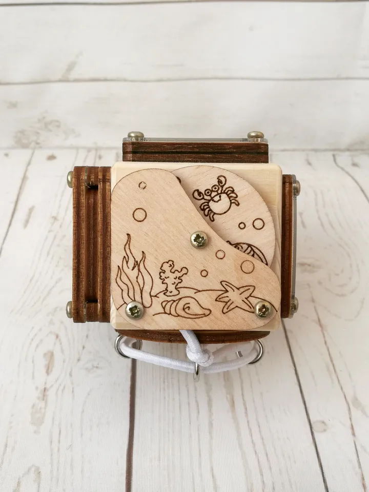 Busy cube - wooden baby fidget toy, montessori travel activity