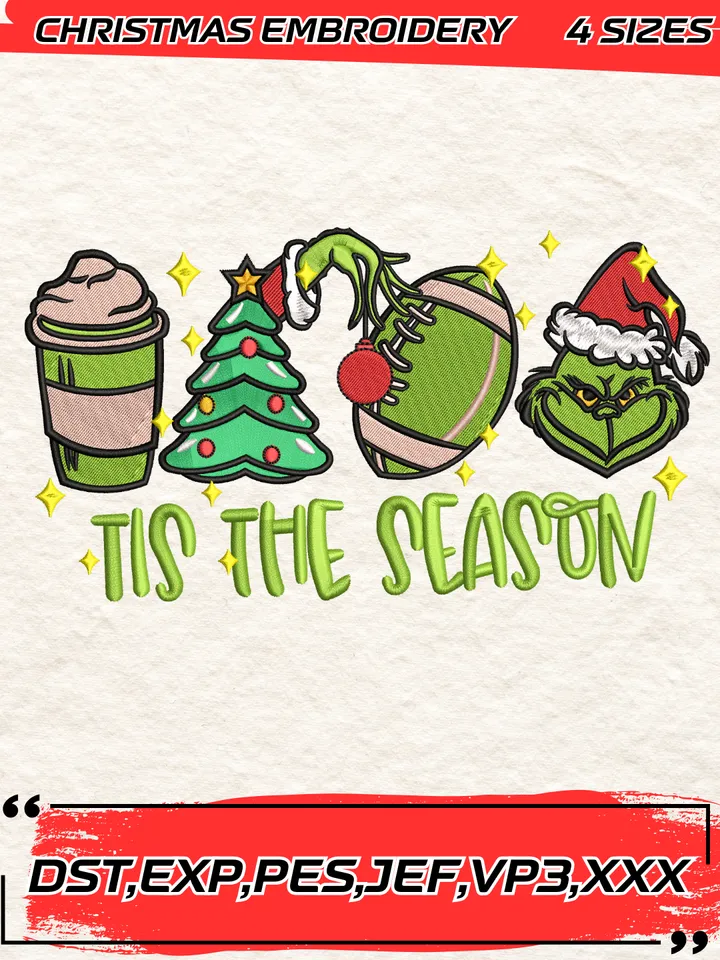 Tis The Season Grinch Football Christmas Embroidery Design,Christmas Embroidery Design,4 Sizes,Digital Download