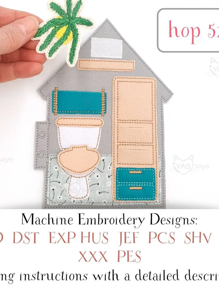 ITH Dollhouse Bathroom Page Embroidery Design, Felt Quiet Book Toilet Sink Pattern, 5x7 Hoop Digital File