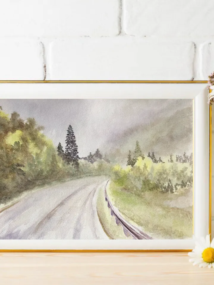 Road original watercolour painting forest mountains landscape wall art