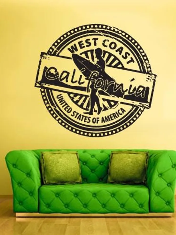 California Surf Stamp Wall Decal – Vintage Beach Vinyl Sticker, Surfboard Wall Art, Removable Coastal Decor, Dorm, or Camper Van z806