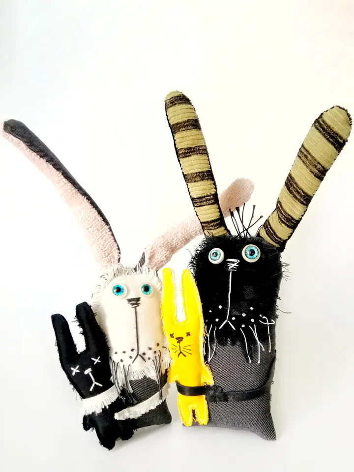 Handmade Funny and Unique Fabric Art Doll Bunnies: One-of-a-Kind Fun Delightful Interior Decor Toys with a Spooky Twist. FREE SHIPPING!