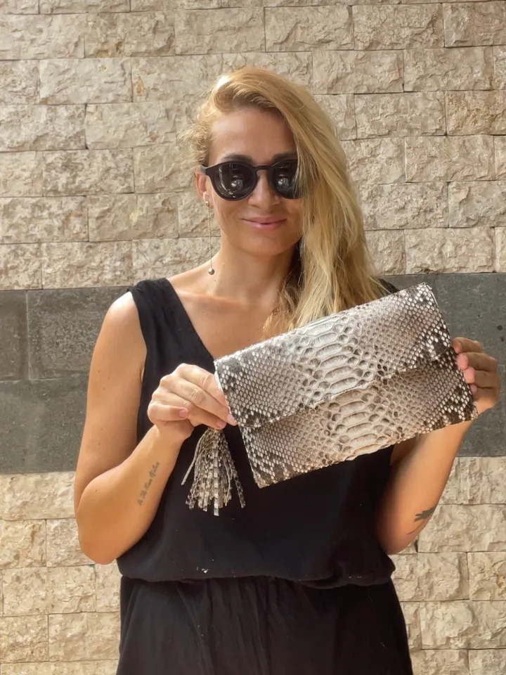 Genuine python skin classy grey flat clutch with shoulder chain | elegant evening women purse | designer leather bags | small snake bag