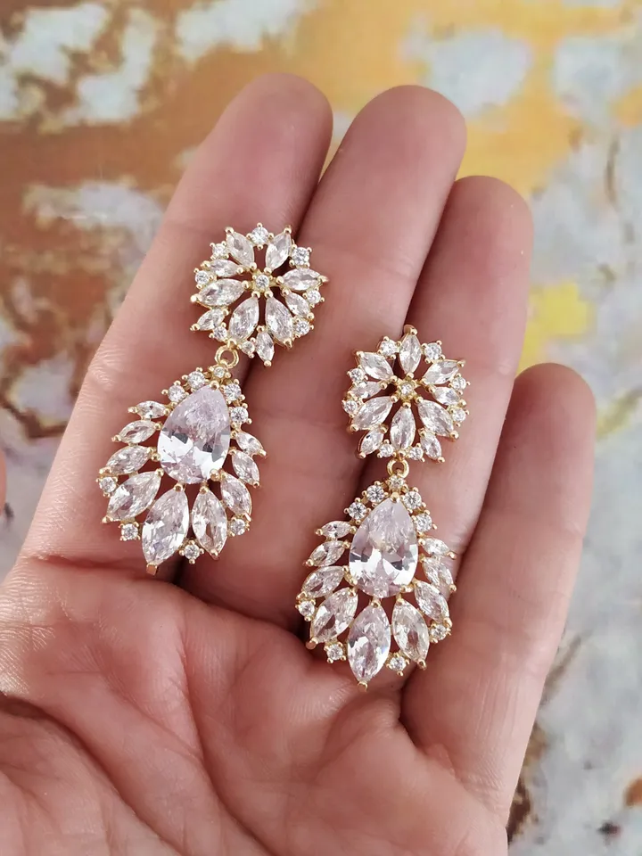 Diamond Gold Wedding Earrings | Flowers Bridal Earrings | Chandelier Statement CZ Earrings | Gold Jewelry for Bride | Bridal Jewelry |