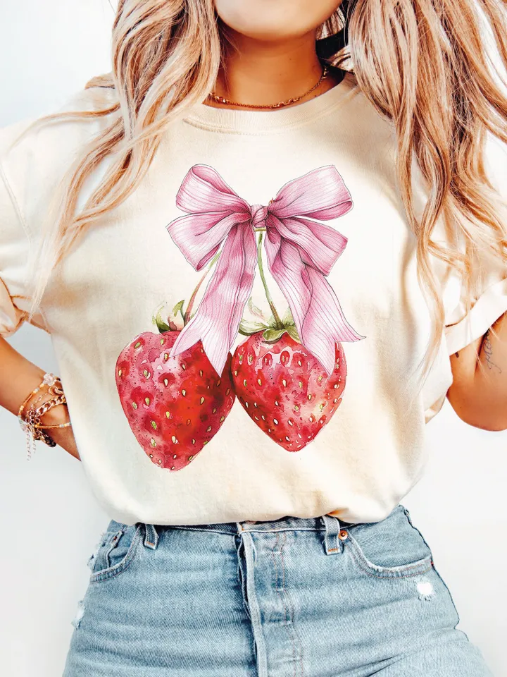 Strawberry Bow Png, In my strawberry era, Cherry coquette bow png soft girl era aesthetic png Trendy Cherry png coquette shirt design cherry