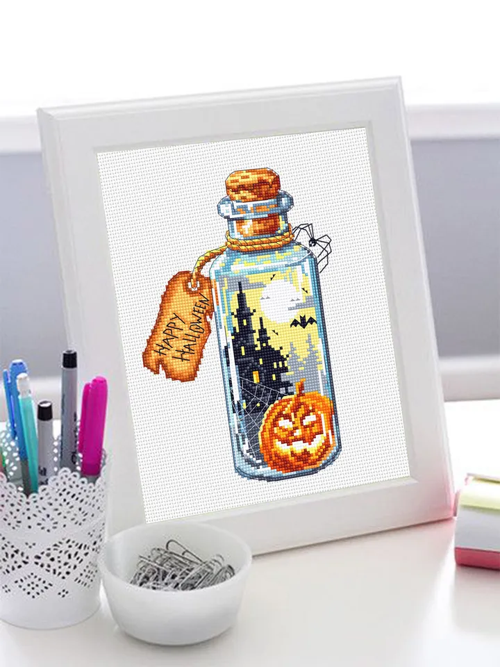 Halloween bottle cross stitch pattern download PDF Horror pumpkin xstitch chart Happy Halloween embroidery Spooky castle digital pdf #H29