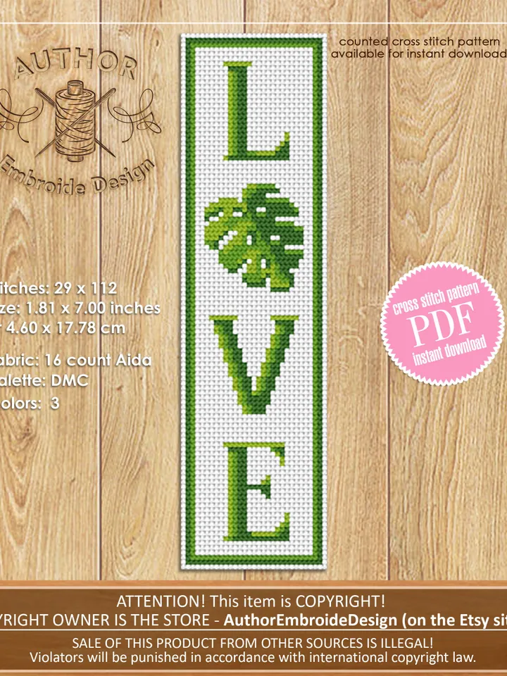 Green bookmark cross stitch pattern PDF download Monstera leaf cross stitch chart, Floral bookmark pattern digital PDF, The word Love #B355