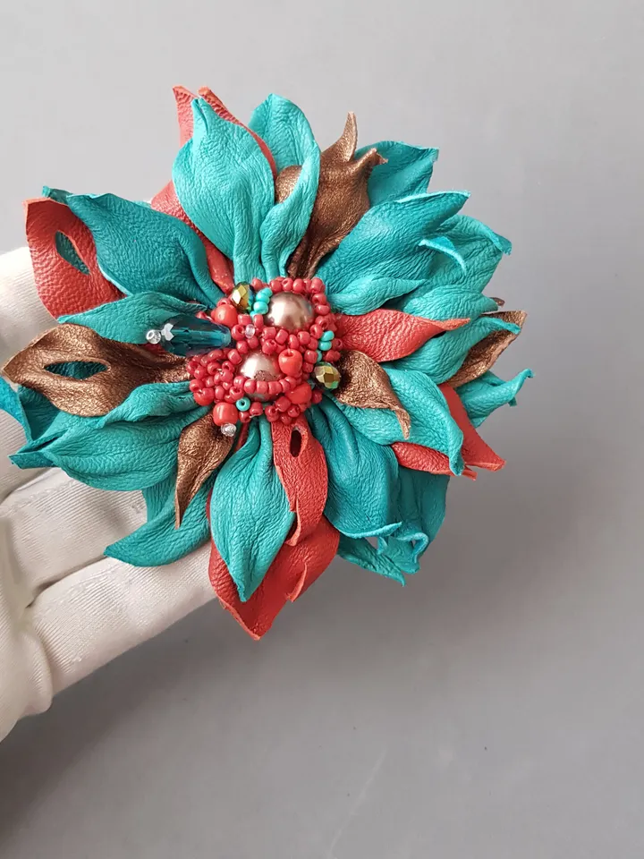 Turquoise leather brooch for her , 3rd anniversary gift for wife, Leather women's jewelry