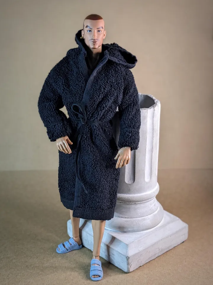 Navy blue terry bathrobe with a hood for 13 inch fashion male doll (FR Homme, Poppy Parker, Adonis)