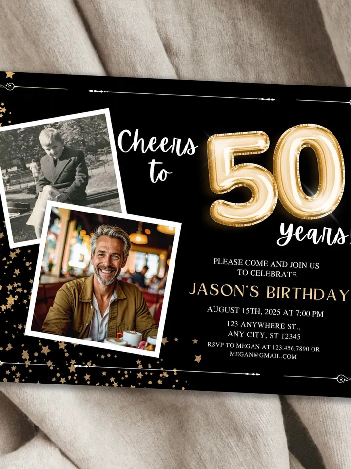 50th Birthday Invitation with Photo Adult Women Men Cheers to 50th Birthday Invite Black and Gold Party Card for Grandma Canva Template
