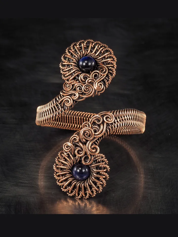 Natural falcon eye cuff bracelet for woman, Copper wire wrapped flower bangle