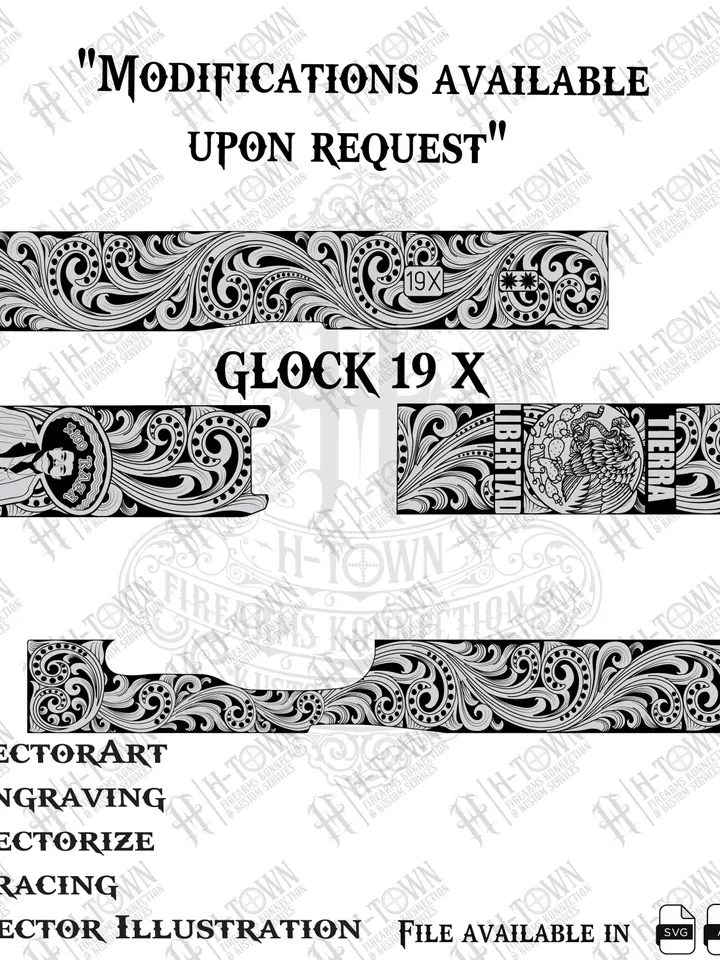 GLOCK 19 X Engraving Scroll Vector | Ornamental Grip Design | Full Slide Svg Png AI EPS | Custom Laser Template