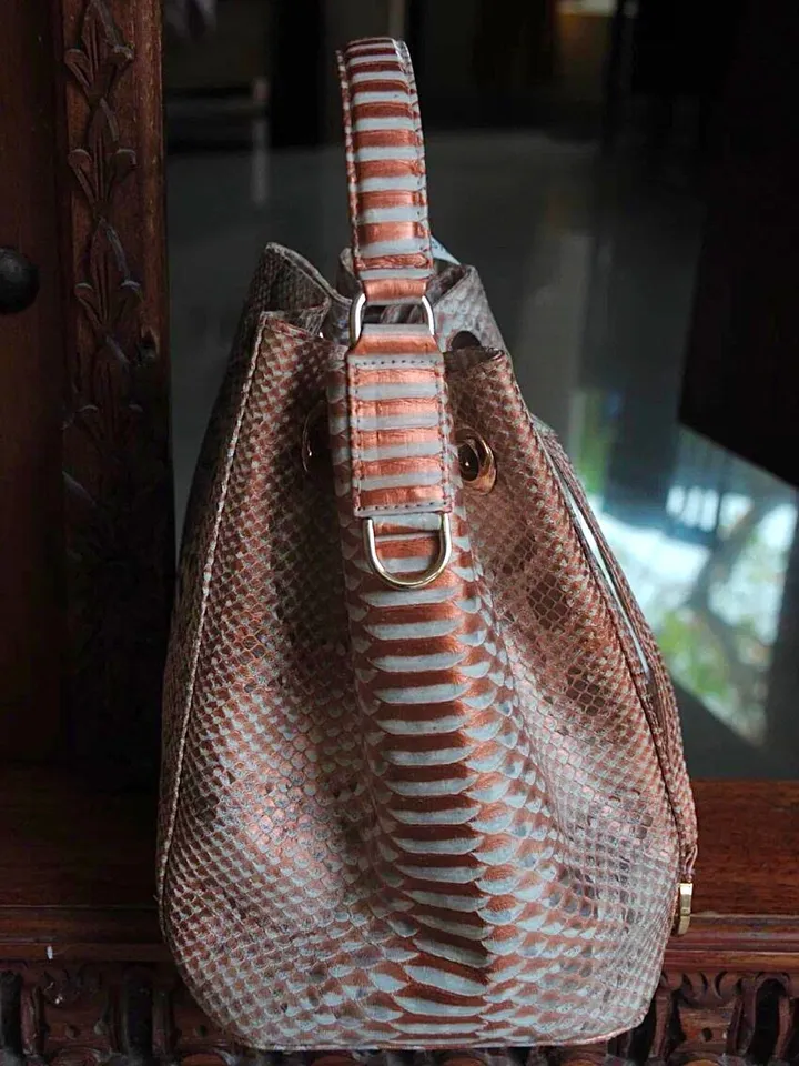 Genuine python skin peachy gold bucket crosshandle bag designer women purse | classy elegant crossbody PAULA bag | exotic leather bags |