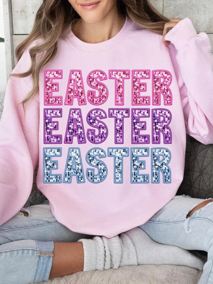 Trendy Easter Embroidery Sparkly Faux Sequins Easter Png, Cute Easter Day Shirt Design, Trendy Easter Day Png, Trendy Sublimation, Digital
