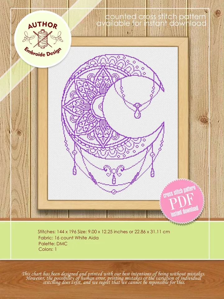 Flower Mandala set cross stitch pattern download PDF Lotus mandala cross stitch, Mandala ornament crescent moon cross stitch chart #S37