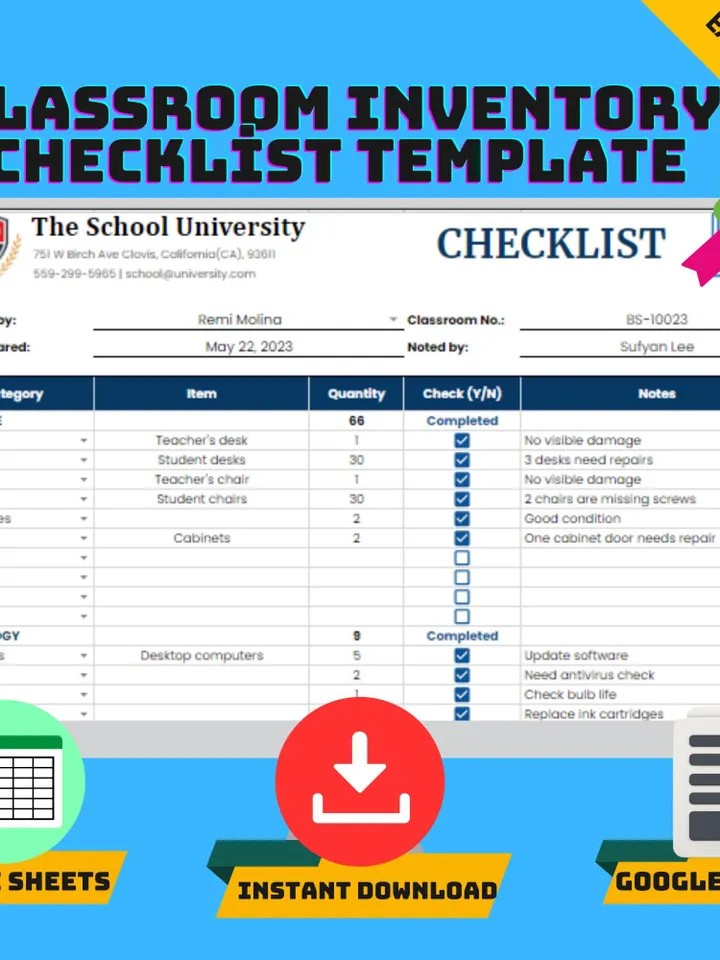 Classroom Inventory Checklist Template, Editable Google Sheets, Digital Download, Easy to Use School Supplies & Equipment Tracker